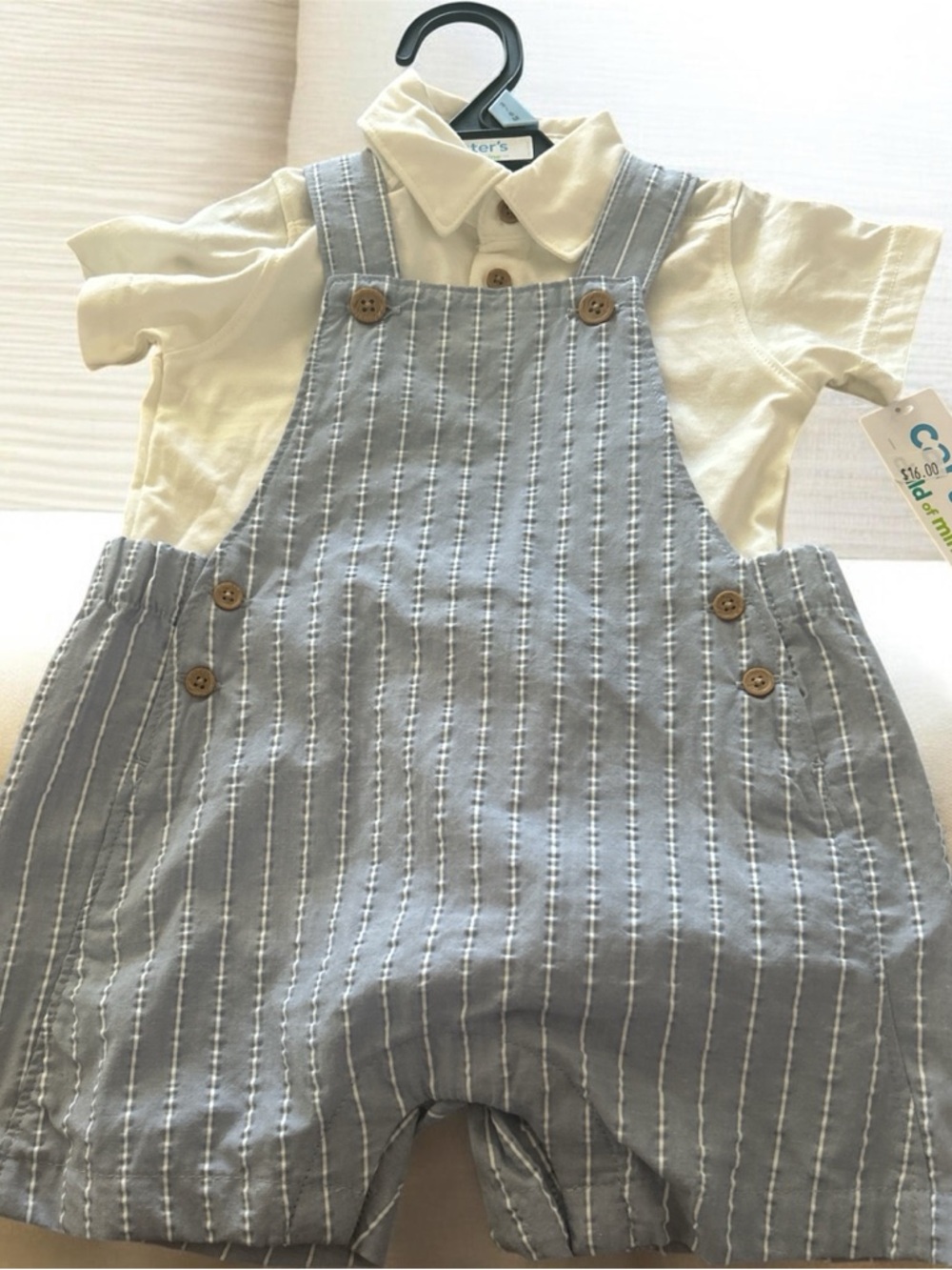 Carter's Cream Polo with Light Blue Pinstripe Overalls Set